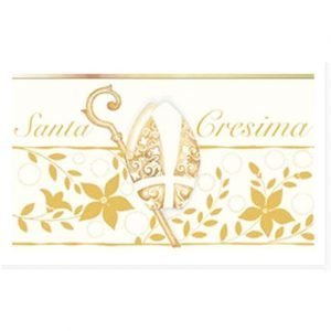 Bigliettini Cresima da stampare o stampati, realizzati con cartoncino bianco liscio di medio spessore, decorati da uno sfondo bianco e dorato con scritta "Santa Cresima".