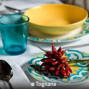 Servizio di piatti Amalfi Tognana realizzati in porcellana. Servizio composto da 18 pezzi: 6 piatti piani (diametro 27 cm), 6 piatti fondi (20.50 cm), 6 piatti dessert (19 cm). Utilizzabili in microonde, lavabili in lavastoviglie.