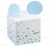 Scatolina Disney con orecchie Topolino in cartoncino celeste e bianco decorato con stelline e divertenti orecchie Topolino azzurre che fuoriescono dalla scatolina portaconfetti.