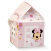 Casetta portaconfetti Minnie Disney realizzata in cartoncino di colore rosa con su tre lati delle finestrelle intagliate che permettono di vedere l'interno e sul lato frontale una piccola Baby Minnie