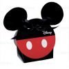 Scatola portaconfetti Disney con orecchie Topolino in cartoncino rosso e nero decorato e divertenti orecchie di Topolino che fuoriescono dalla scatolina di forma tonda.