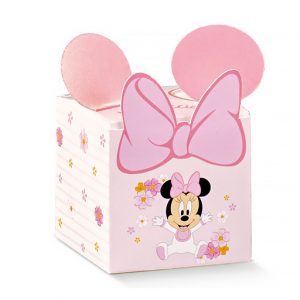 Scatolina nascita Disney Minnie realizzata in cartoncino rigido bianco e rosa.