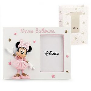 Portafoto Minnie Disney , bomboniera realizzata resina bianca decorata da stelline, scritta in alto "Minnie Ballerina" e, ovviamente, personaggio Minnie in rilievo