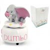 Bomboniera Dumbo carillon realizzato in resina lucida con base bianca, decorata da scritta "Dumbo", nuvolette, stelline e cuoricini rosa con statuetta elefantino Dumbo