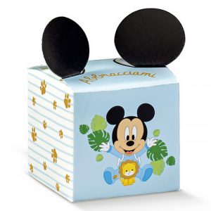 Scatolina nascita Disney Topolino realizzata in cartoncino di tonalità celeste con piccole impronte sui lati esterni e frontalmente un Baby Mickey