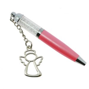 Sacchetto busta con penna rosa cristalli. Sacchettino realizzato con fantasia ombra shantung rosa.
