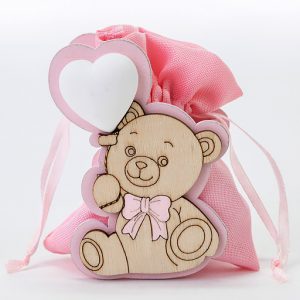 Sacchettino orsetto rosa realizzato in legno. Ideale per nascita, battesimo.