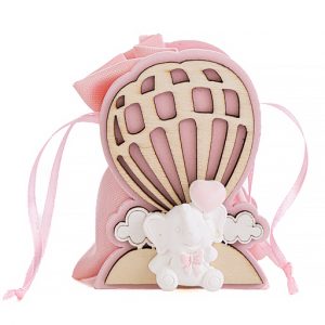 Portaconfetti elefantino rosa mongolfiera realizzato in legno con sacchettino rosa. Ideale per nascita, battesimo
