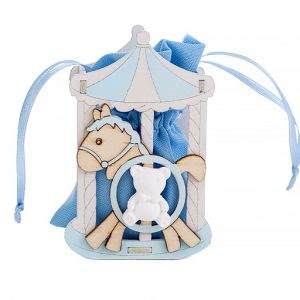 Portaconfetti giostrina cavalluccio baby cielo realizzato in legno con sacchettino celeste. Ideale per nascita, battesimo.