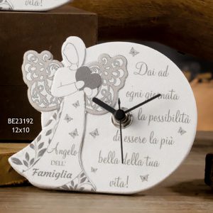 Bomboniera orologio Angelo con frase realizzato in polvere di marmo bianco e grigio