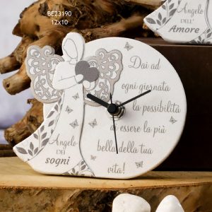 Bomboniera orologio Angelo con frase realizzato in polvere di marmo bianco e grigio