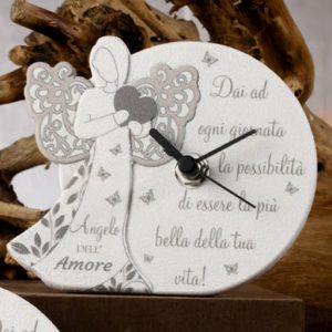 Bomboniera orologio Angelo con frase realizzato in polvere di marmo bianco e grigio