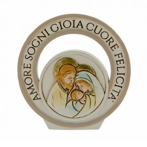 Icona di appoggio sacra Famiglia amore realizzata in resina, icona circolare con raffigurazione della Sacra Famiglia