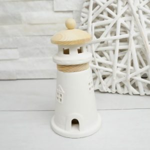 Bomboniera Faro led base legno realizzata in ceramica.