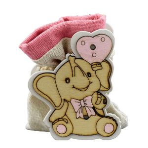 Sacchettino Elefantino rosa realizzato in legno. Ideale per nascita, battesimo.
