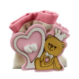 Sacchettino orsetto rosa realizzato in legno. Ideale per nascita, battesimo.