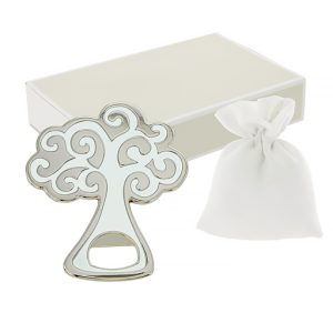 Bomboniera apribottiglie albero della vita con magnete realizzato in acciao in tonalità bianco