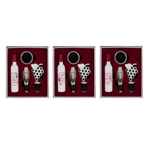 Bomboniera set da 4 pezzi accessori vino, apribottiglie, tappo, anello salva goccia, versavino