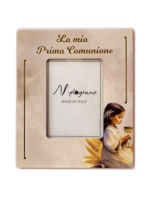 Portafoto Prima Comunione con bambina in ginocchio in Preghiera e scritta "La mia Prima Comunione"