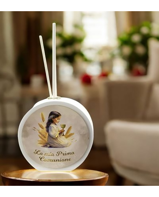 Profumatore Prima Comunione con bambina in ginocchio in Preghiera e scritta "La mia Prima Comunione"