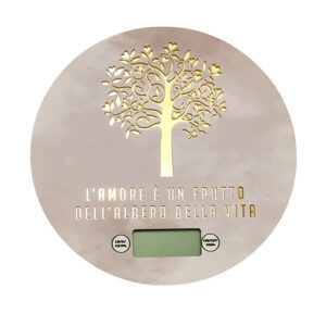 Bilancia tonda Albero della vita al centro, decorata con la frase “L'amore è un frutto dell'albero della vita”