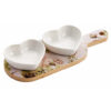 Set vassoio con doppio cuoricino in ceramica, vassoio realizzato in legno bamboo.