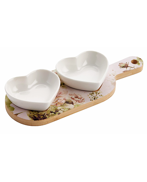 Set vassoio con doppio cuoricino in ceramica, vassoio realizzato in legno bamboo.