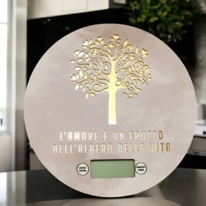Bilancia tonda Albero della vita al centro, decorata con la frase “L'amore è un frutto dell'albero della vita”