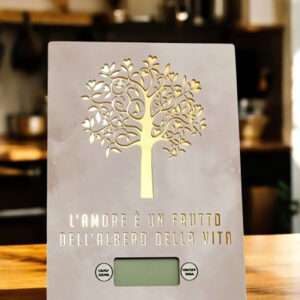 Bilancia rettangolare Albero della vita al centro, decorata con la frase “L'amore è un frutto dell'albero della vita”
