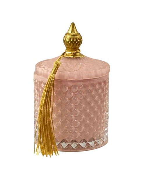 Candela effetto diamante rosa con coperchio, impreziosita da dettagli color oro e una raffinata nappina coordinata