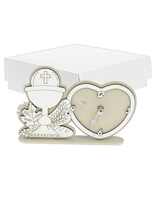 Orologio Prima Comunione a forma di cuore con simboli sacri.
