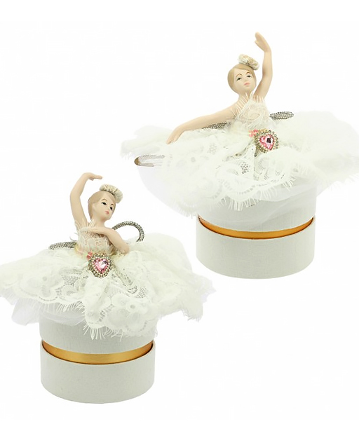 Bomboniera ballerina con tutù bianco realizzata in porcellana, appoggiata su scatolina.