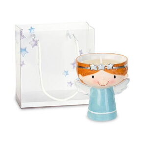 Bomboniera angioletto vaso candela realizzata in porcellana celeste con ghirlanda stelline argento e shopper.