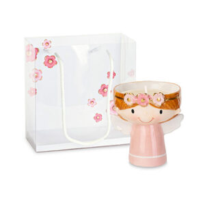 Bomboniera angioletto vaso rosa candela realizzata in porcellana celeste con ghirlanda stelline argento e shopper