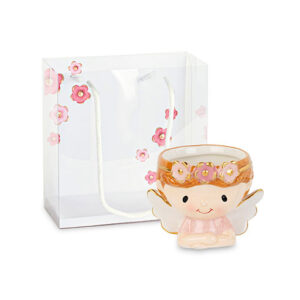 Bomboniera angioletto vaso rosa candela realizzata in porcellana celeste con ghirlanda stelline argento e shopper