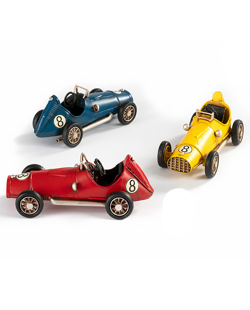 Modellino auto da corsa vintage, realizzata in metallo con minuziosi decori