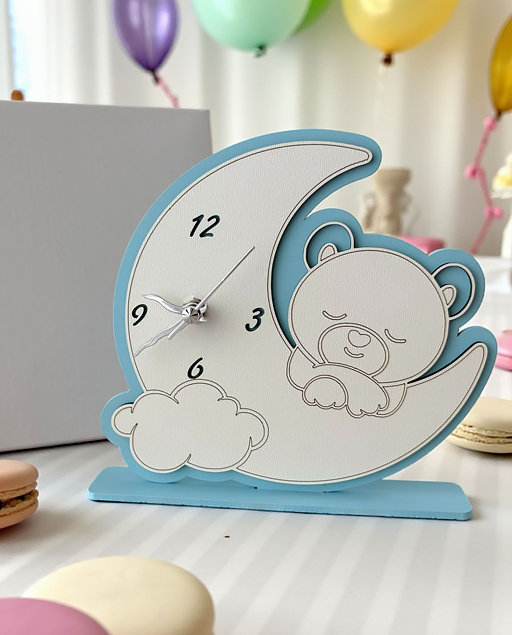 Delizioso orologio a forma di luna con orsettoche poggia su una soffice nuvola, accogliendo delicatamente il quadrante.