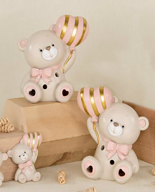 Orsetto con palloncino cuore led rosa realizzato in resina, una bomboniera/idea regalo tenerissima che conquista grandi e piccini
