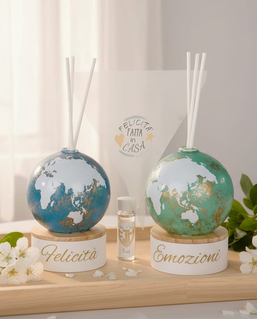 Bomboniera diffusore globo, appoggiato su base in legno decorato con incisione "felicità" ed "emozioni".