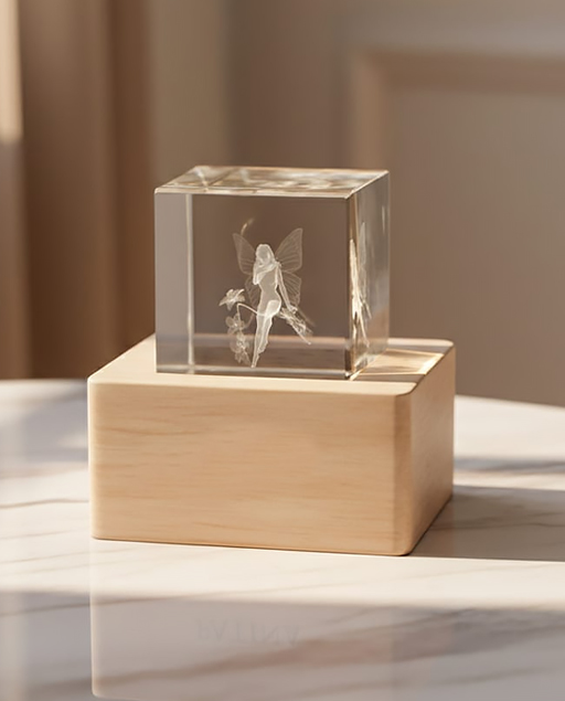 Cubo fatina in cristallo con base in legno