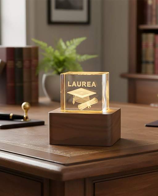 Cubo laurea in cristallo con base in legno. La bomboniera è realizzata in vetro, alla base una luce led rende atmosfera magica