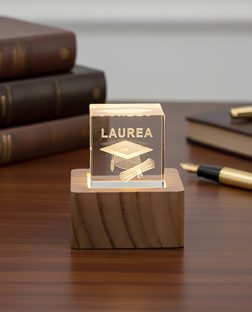 Cubo laurea in cristallo con base in legno. La bomboniera è realizzata in vetro, alla base una luce led rende atmosfera magica
