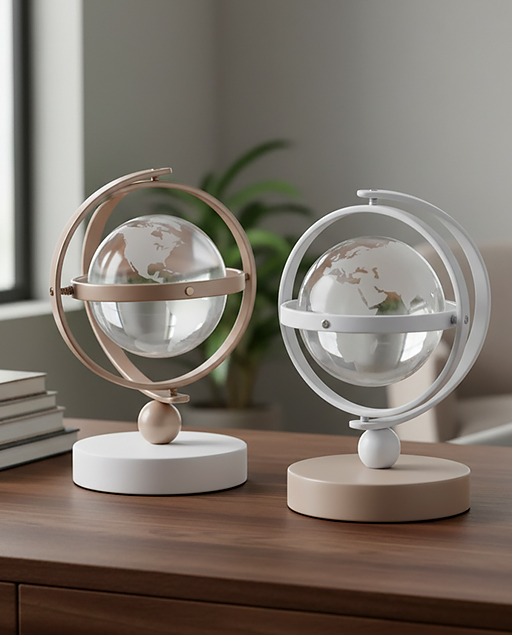 Bomboniera mappamondo da poggio realizzato da una base in legno con anelli metallici e una sfera in vetro effetto cristallo