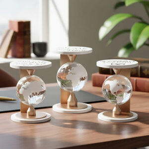 Bomboniera mappamondo da poggio realizzato in legno bianco e oro a una sfera in vetro