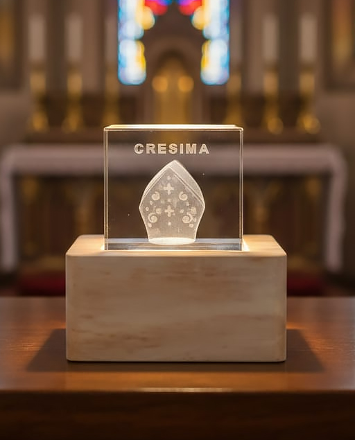 Cubo Santa Cresima in cristallo con base in legno