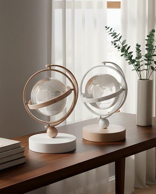 Bomboniera mappamondo da poggio realizzato da una base in legno con anelli metallici e una sfera in vetro effetto cristallo