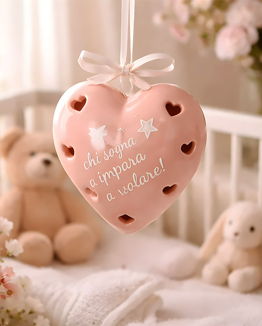 Lampada led cuore a forma di palloncino rosa con la frase “Chi sogna impara a volare”